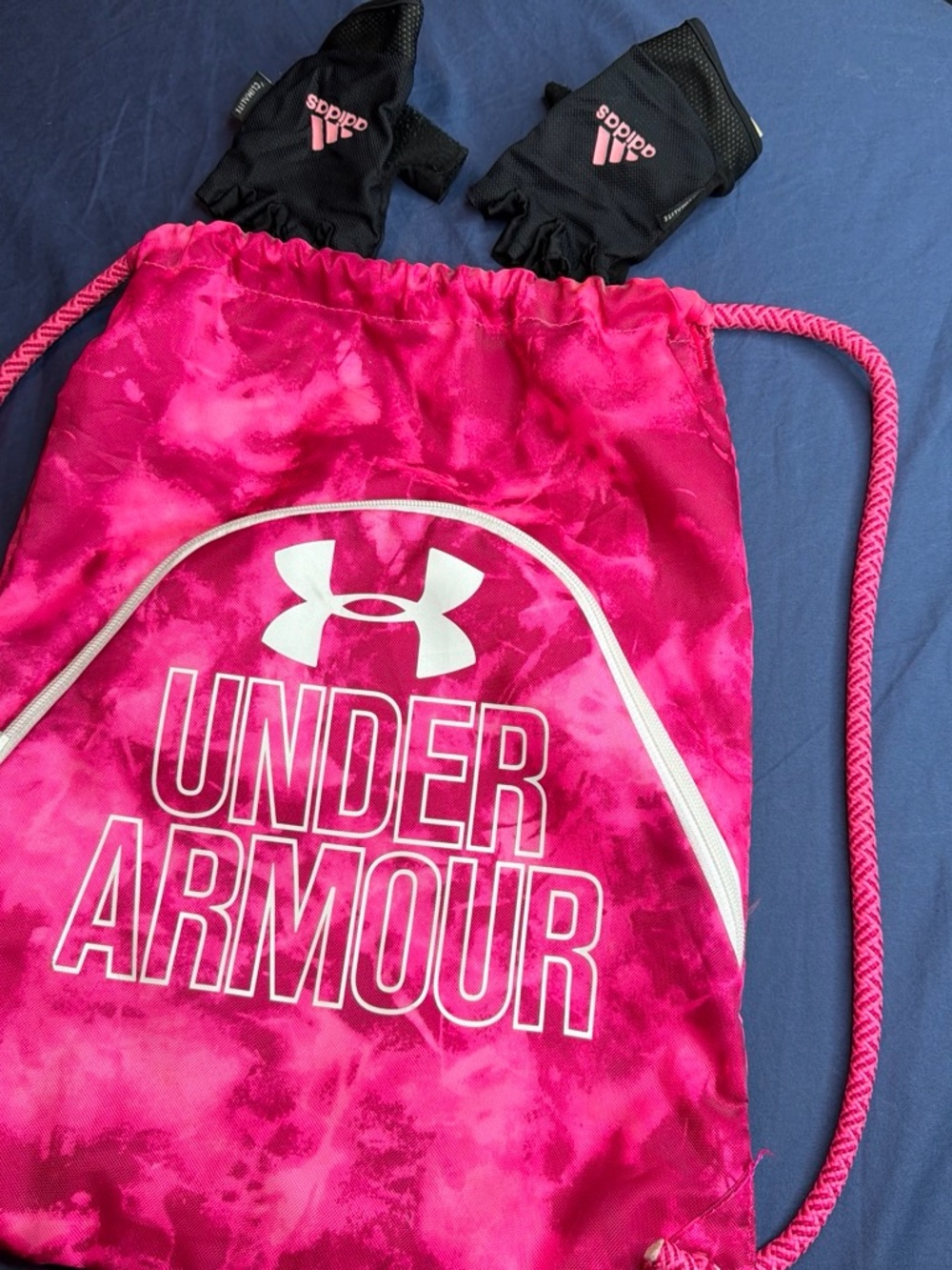 Under Armour Hot Pink Tie-Dye Drawstring Backpack with gloves
